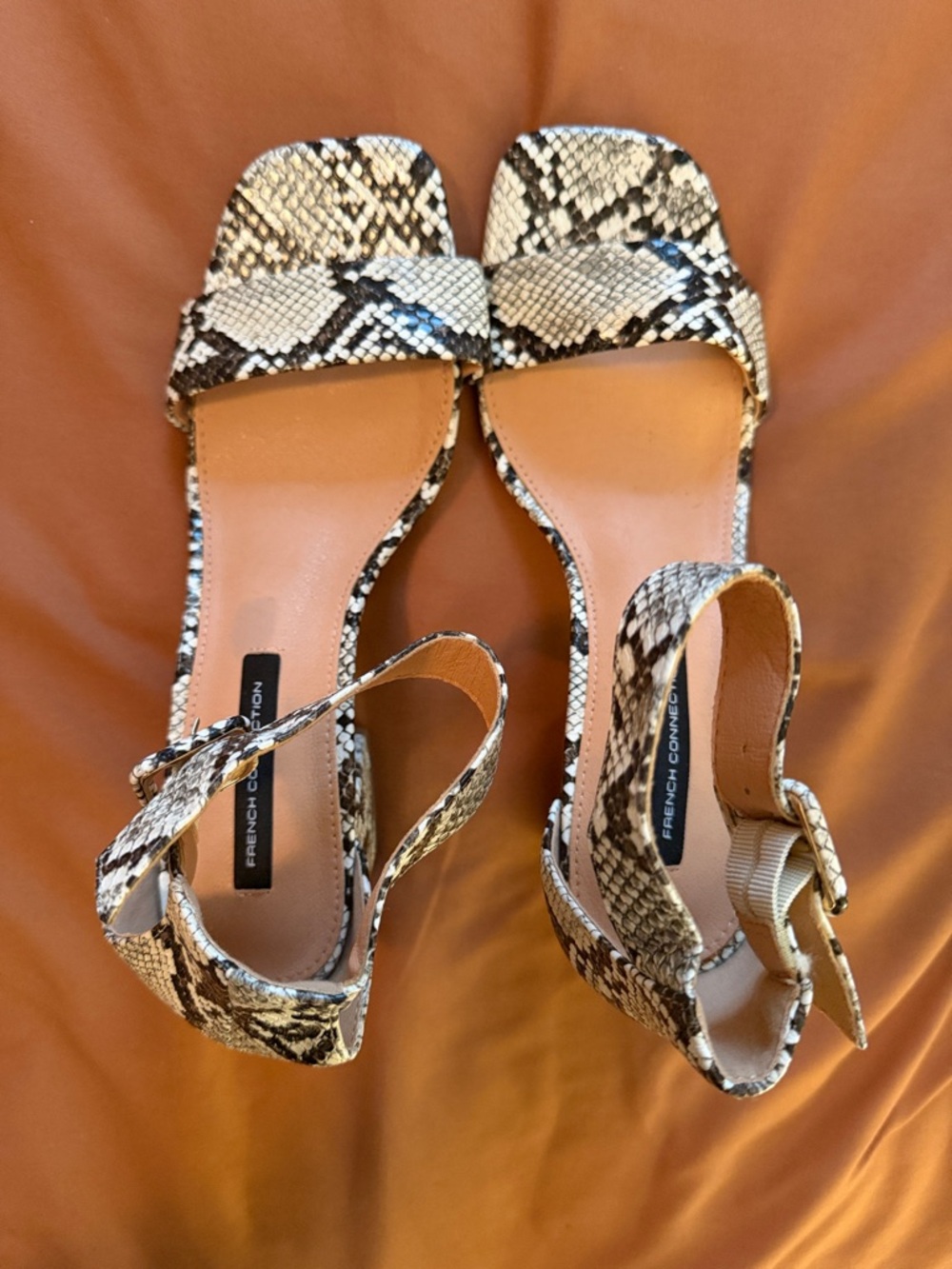 French Connection Black & White Snake-Print Ankle Strap Heels